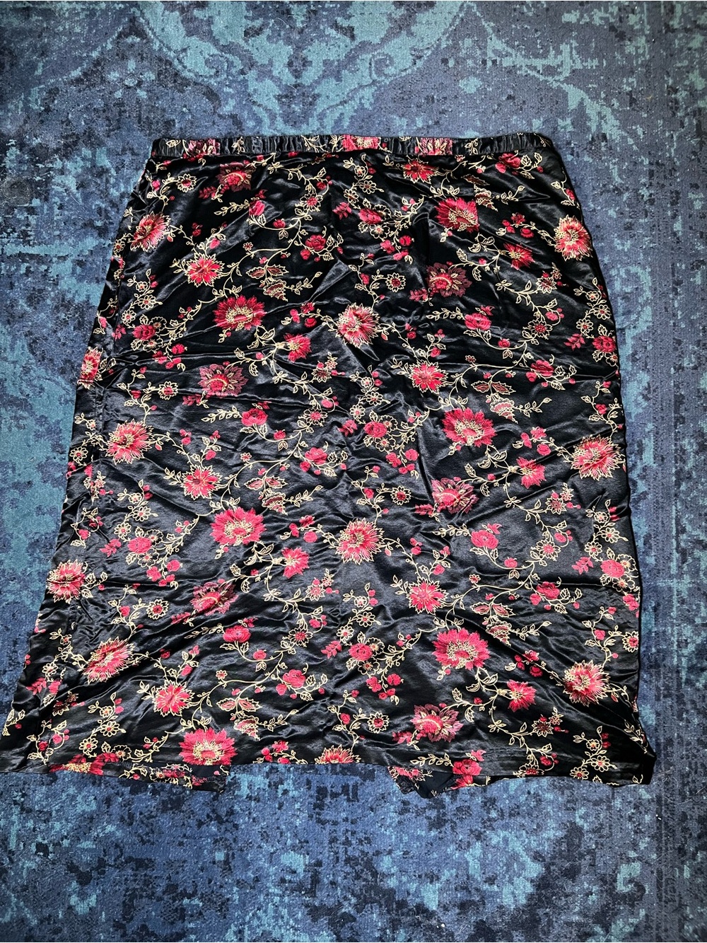 Lane Bryant Black Midi Skirt with Pink Floral Embroidery